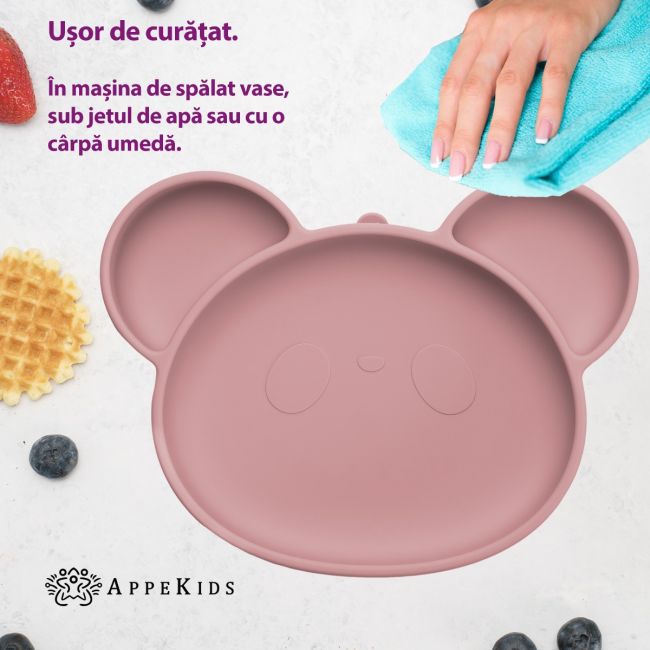 Farfurie din silicon cu ventuza, AppeKids, Panda - Old Rose KRTAK275879