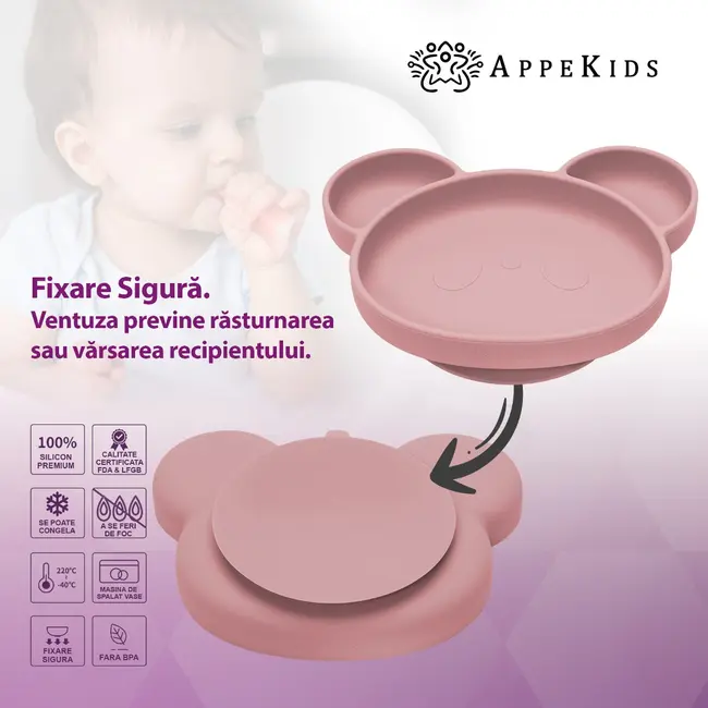 Farfurie din silicon cu ventuza, AppeKids, Panda - Old Rose KRTAK275879