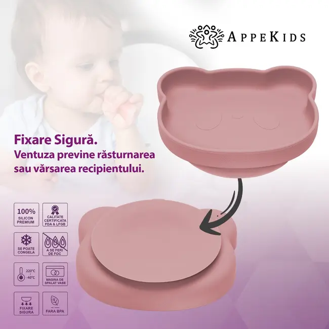 Farfurie din silicon cu ventuza, AppeKids, The Little Bear - Old Rose KRTAK275176