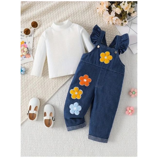 Set salopeta din blugi pentru fetite cu bluzita alba si floricele aplicate mdtu22-r2