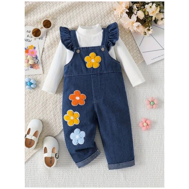 Set salopeta din blugi pentru fetite cu bluzita alba si floricele aplicate mdtu22-r2