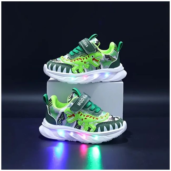 Pantofi sport copii cu luminițe led și design dinozaur verde adt-1