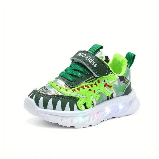 Pantofi sport copii cu luminițe led și design dinozaur verde adt-1