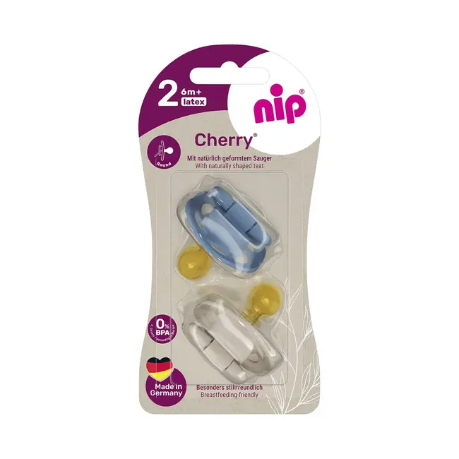 Set 2 suzete Nip Cherry Boy cu tetina rotunda din latex natural, 6+ luni, nip 38883