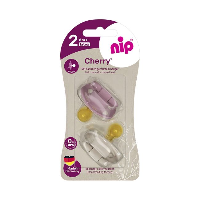 Set 2 suzete Nip Cherry Girl cu tetina rotunda din latex natural, 0-6 luni, nip 38882