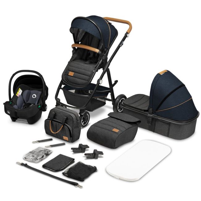 Lionelo - Carucior compact Amber, 3 in 1, Cadru din aluminiu, Cu landou intarit si salteluta moale, Scoica auto, Reversibil, Maner ajustabil, Huse pentru picioare, Plasa de tantari, Husa de ploaie, Geanta parinti, Pana la 22 kg, Albastru BYNLO-AMBER_3IN1_
