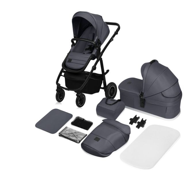 Carucior 2 in 1, Lionelo, Amber Plus, Cadru aluminiu, Cu landou intarit si salteluta moale, Reversibil, Maner ajustabil, Cu accesorii, Cu ventilatie panoramica 3D, Pana la 22 kg, EN1888-1, EN1888-2, EN1466, Gri inchis BYNLO-AMBER_PLUS_2IN1_GREY_GRAPHITE