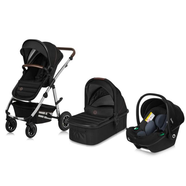 Carucior 3 in 1, Lionelo, Amber, Cadru aluminiu, Cu landou intarit si salteluta moale, Scoica auto, Reversibil, Maner ajustabil, Huse pentru picioare, ploaie, Plasa de tantar, Geanta parinti, Pana la 22 kg, EN1888-1 EN1888-2 EN1466 ECE R44/04, Negru BYNLO