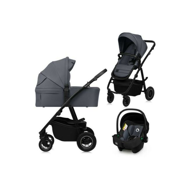 Carucior 3 in 1, Lionelo, Amber Plus, Cadru aluminiu, Cu landou intarit si salteluta moale, Cu scoica auto testata ADAC, Reversibil, Maner ajustabil, Cu accesorii, Cu ventilatie panoramica 3D, Pana la 22 kg, EN1888-1, EN1888-2, EN1466, ECE R129, Gri BYNLO