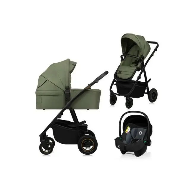 Carucior 3 in 1, Lionelo, Amber Plus, Cadru aluminiu, Cu landou intarit si salteluta moale, Cu scoica auto testata ADAC, Reversibil, Maner ajustabil, Cu accesorii, Cu ventilatie panoramica 3D, Pana la 22 kg, EN1888-1, EN1888-2, EN1466, ECE R129, Verde BYN