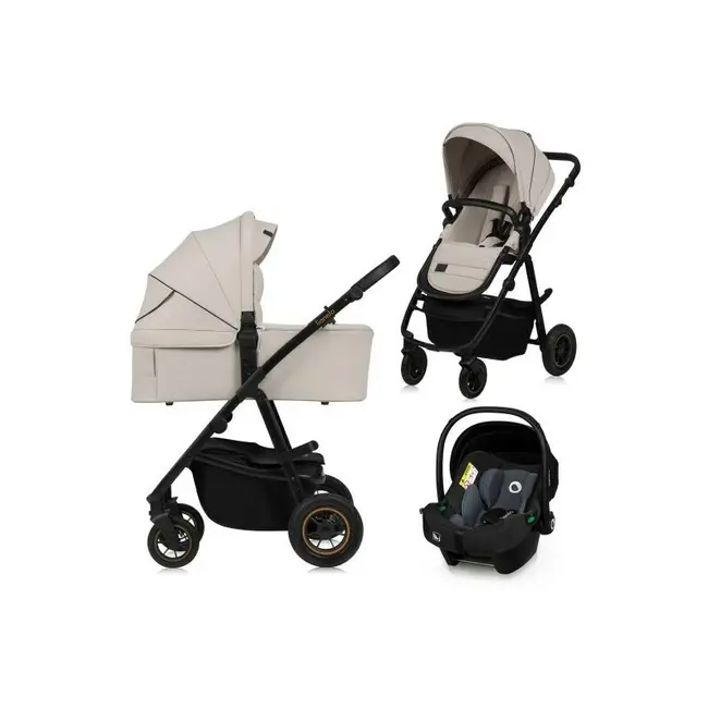 Carucior 3 in 1, Lionelo, Amber Plus, Cadru aluminiu, Cu landou intarit si salteluta moale, Cu scoica auto testata ADAC, Reversibil, Maner ajustabil, Cu accesorii, Cu ventilatie panoramica 3D, Pana la 22 kg, EN1888-1, EN1888-2, EN1466, ECE R129, Bej BYNLO