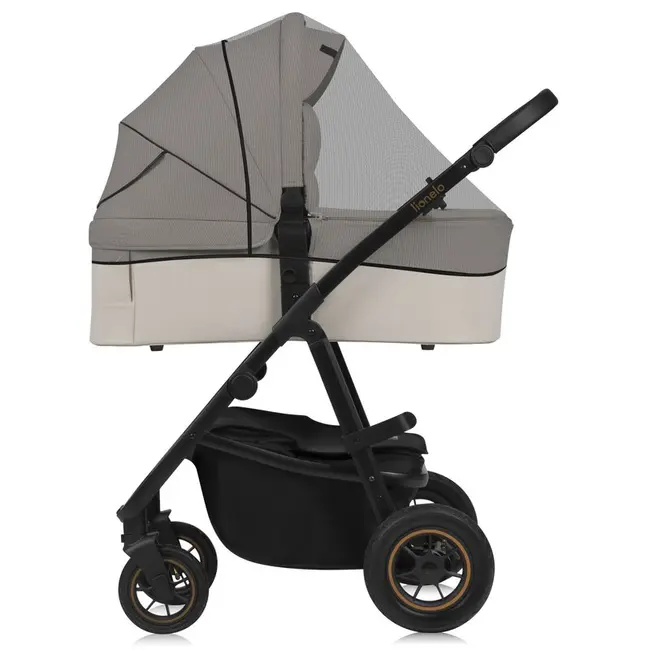 Carucior 3 in 1, Lionelo, Amber Plus, Cadru aluminiu, Cu landou intarit si salteluta moale, Cu scoica auto testata ADAC, Reversibil, Maner ajustabil, Cu accesorii, Cu ventilatie panoramica 3D, Pana la 22 kg, EN1888-1, EN1888-2, EN1466, ECE R129, Bej BYNLO