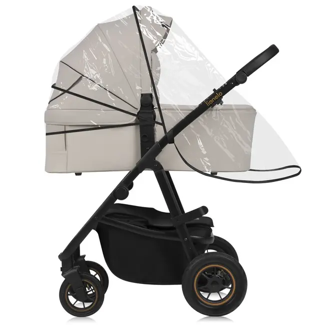 Carucior 3 in 1, Lionelo, Amber Plus, Cadru aluminiu, Cu landou intarit si salteluta moale, Cu scoica auto testata ADAC, Reversibil, Maner ajustabil, Cu accesorii, Cu ventilatie panoramica 3D, Pana la 22 kg, EN1888-1, EN1888-2, EN1466, ECE R129, Bej BYNLO