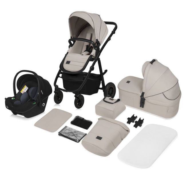 Carucior 3 in 1, Lionelo, Amber Plus, Cadru aluminiu, Cu landou intarit si salteluta moale, Cu scoica auto testata ADAC, Reversibil, Maner ajustabil, Cu accesorii, Cu ventilatie panoramica 3D, Pana la 22 kg, EN1888-1, EN1888-2, EN1466, ECE R129, Bej BYNLO