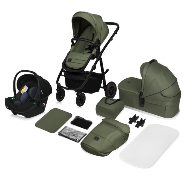 Carucior 3 in 1, Lionelo, Amber Plus, Cadru aluminiu, Cu landou intarit si salteluta moale, Cu scoica auto testata ADAC, Reversibil, Maner ajustabil, Cu accesorii, Cu ventilatie panoramica 3D, Pana la 22 kg, EN1888-1, EN1888-2, EN1466, ECE R129, Verde BYN