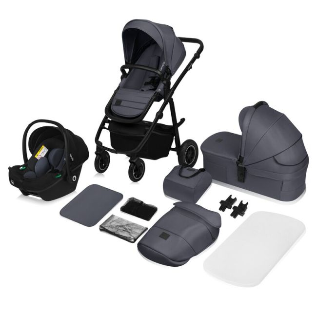 Carucior 3 in 1, Lionelo, Amber Plus, Cadru aluminiu, Cu landou intarit si salteluta moale, Cu scoica auto testata ADAC, Reversibil, Maner ajustabil, Cu accesorii, Cu ventilatie panoramica 3D, Pana la 22 kg, EN1888-1, EN1888-2, EN1466, ECE R129, Gri BYNLO