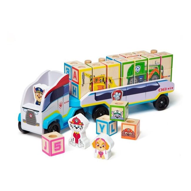 Camion cu remorca, 28 cuburi din lemn cu litere si 3 figurine paw patrol, patrula catelusilor - okemd33272