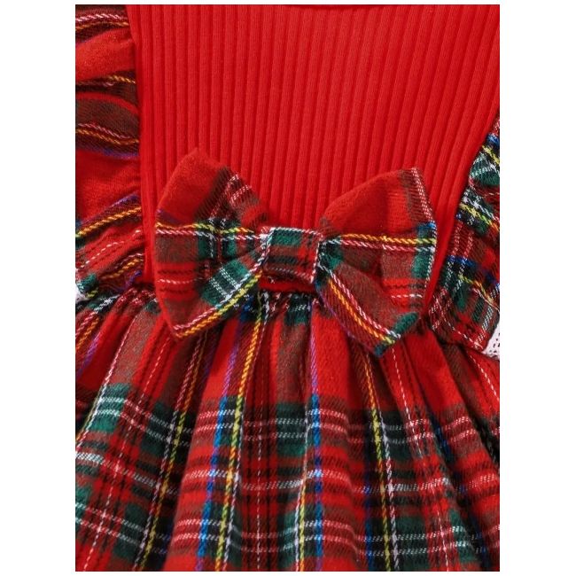 Rochita eleganta rosie cu model in carouri si fundita pentru fetite mbtu17-r1