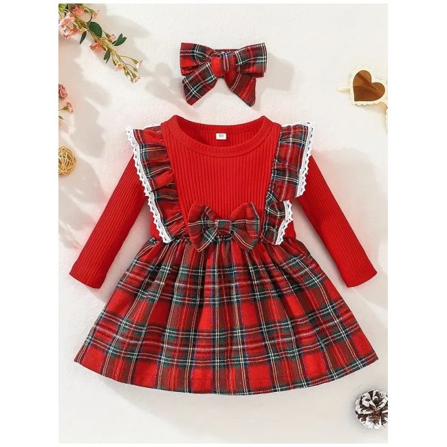 Rochita eleganta rosie cu model in carouri si fundita pentru fetite mbtu17-r1