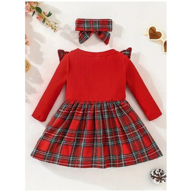 Rochita eleganta rosie cu model in carouri si fundita pentru fetite mbtu17-r1