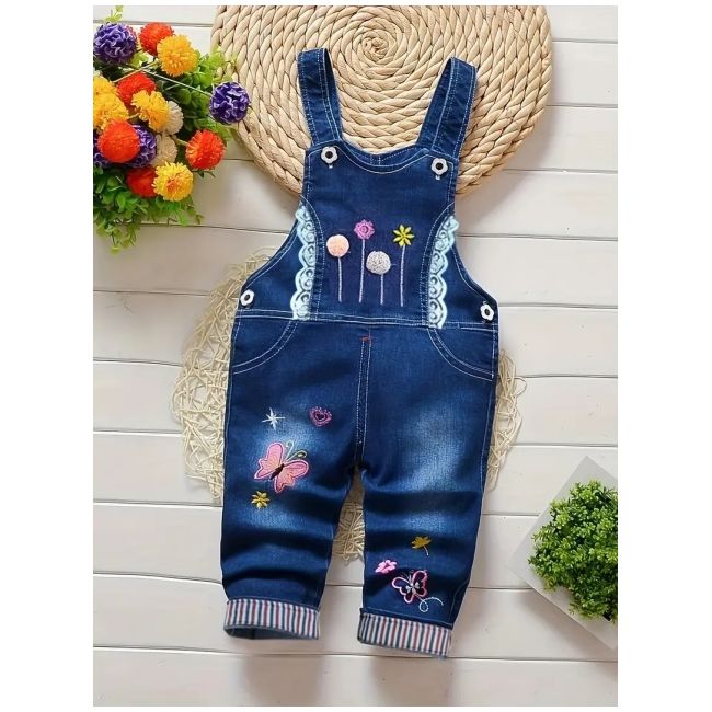 Salopeta din blugi pentru fetite cu broderie florala si fluturi mbtu14-r1