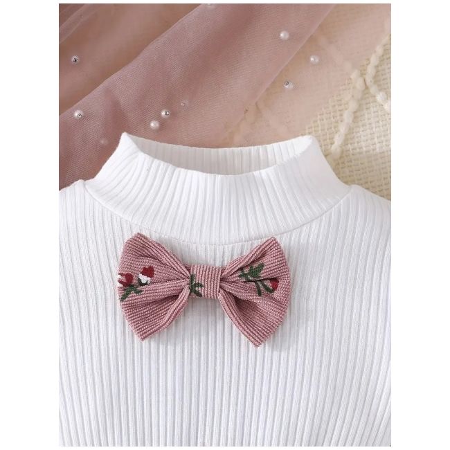 Set pentru fetite – bluzita alba cu papion si fustita roz pudra mdtu20-r1