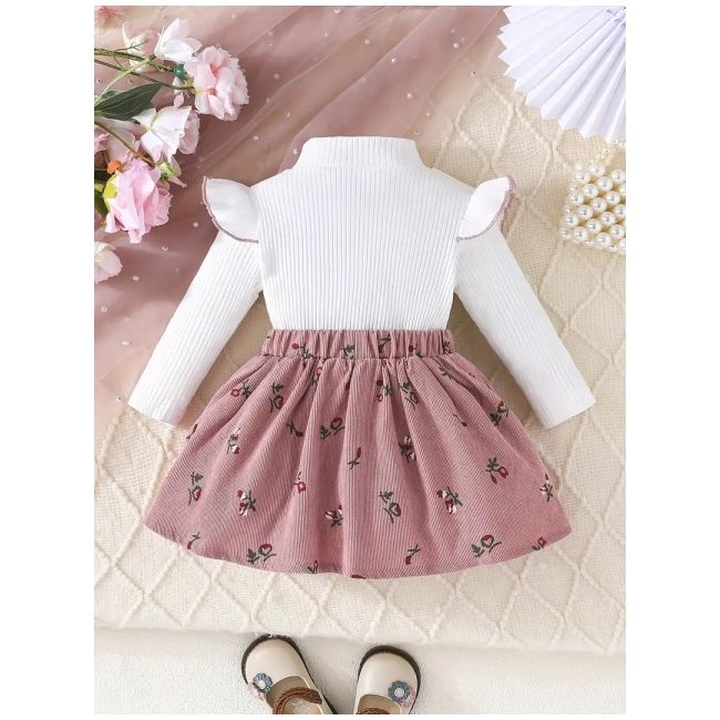 Set pentru fetite – bluzita alba cu papion si fustita roz pudra mdtu20-r1