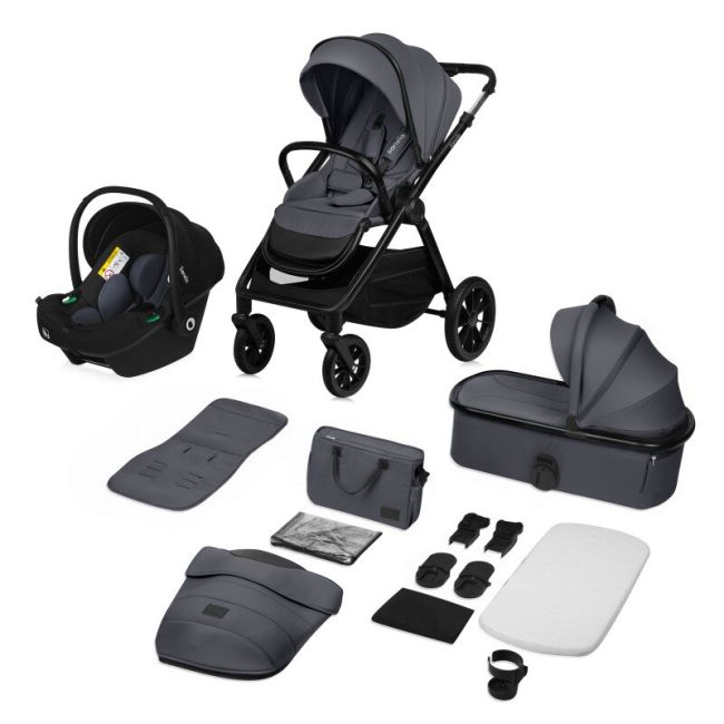 Carucior 3 in 1, Lionelo, Layla, Cadru din aluminiu, Cu landou intarit si salteluta din spuma AiryDots, Scoica auto, Reversibil, Cu sistem de ventilatie 3D, Cu accesorii, Pana la 22 kg, EN1888-1 EN1888-2 EN1466 ECE R129, Gri BYNLO-LAYLA_3IN1_GREY_STONE