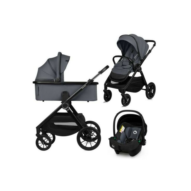 Carucior 3 in 1, Lionelo, Layla, Cadru din aluminiu, Cu landou intarit si salteluta din spuma AiryDots, Scoica auto, Reversibil, Cu sistem de ventilatie 3D, Cu accesorii, Pana la 22 kg, EN1888-1 EN1888-2 EN1466 ECE R129, Gri BYNLO-LAYLA_3IN1_GREY_STONE