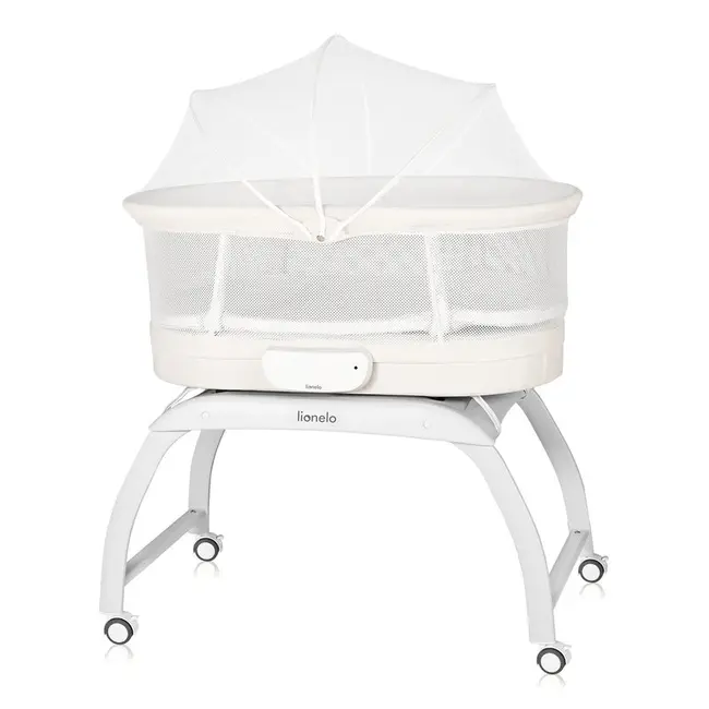 Patut balansoar, Lionelo, Coral, Cu landou ergonomic detasabil, Functie de balansare integrata, Functie de cantar, Sunete si cantece de leagan, Cu roti, Panou tactil sau telecomanda, 0-9 kg, EN 1130:2019+AC:2020,EN 16890:2017+A1:2021, Alb BYNLO-Coral_Whit