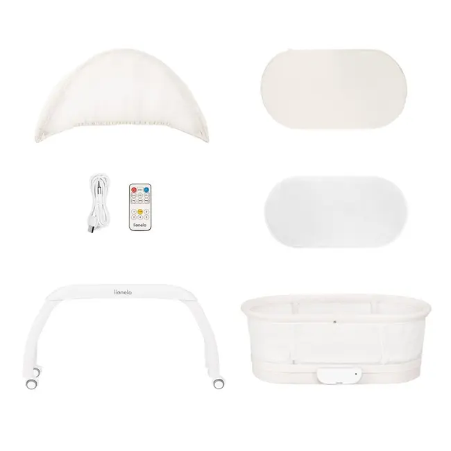 Patut balansoar, Lionelo, Coral, Cu landou ergonomic detasabil, Functie de balansare integrata, Functie de cantar, Sunete si cantece de leagan, Cu roti, Panou tactil sau telecomanda, 0-9 kg, EN 1130:2019+AC:2020,EN 16890:2017+A1:2021, Alb BYNLO-Coral_Whit