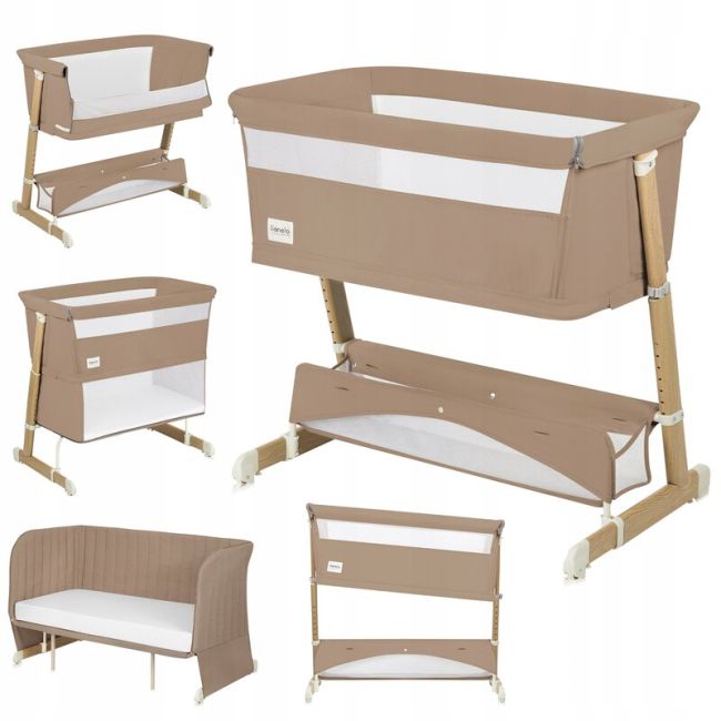 Patut co-sleeper, Lionelo, Thomi Plus, 5 in 1, Multifunctional, Sustine pana la 9 kg ca patut, 15 kg tarc de joaca, 100 kg canapea, Inaltime reglabila in 7 pozitii, De la nastere pana la 4 ani, Cu 2 saltele din spuma T25, 94x70x77-93,5 cm, Maro BYNLO-THOM