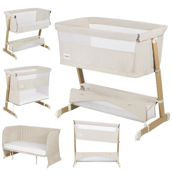 Patut co-sleeper, Lionelo, Thomi Plus, 5 in 1, Multifunctional, Sustine pana la 9 kg ca patut, 15 kg tarc de joaca, 100 kg canapea, Inaltime reglabila in 7 pozitii, De la nastere pana la 4 ani, Cu 2 saltele din spuma T25, 94x70x77-93,5 cm, Bej BYNLO-THOMI