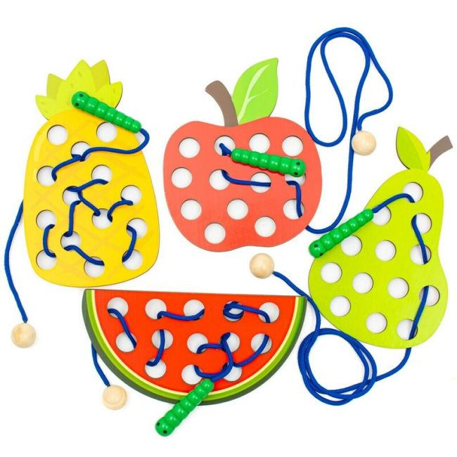 Jucarie Montessori de snuruit, Baby Mix, Dezvolta abilitatile motorii fine, a concentrarii si a rabdarii, Lemn si snur moale din bumbac, 36 luni+, Vegetables and Fruits BYN57339