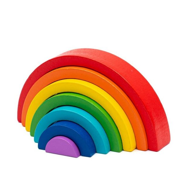 Jucarie pentru stivuire Montessori, Baby Mix, Curcubeu, Stimuleaza abilitatile motorii fine si coordonarea ochi-mana, Din lemn, 7 piese, 36 luni+ BYN57337