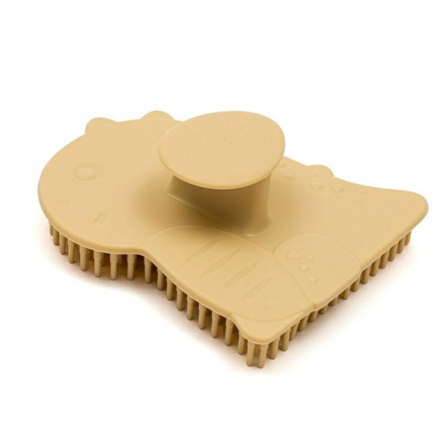 Perie de baie, New Baby, Din silicon, Cu peri moi, Maner ergonomic, Pentru pielea sensibila, 8x11 cm, 0 luni+, Dinosaur/Beige BYN56995