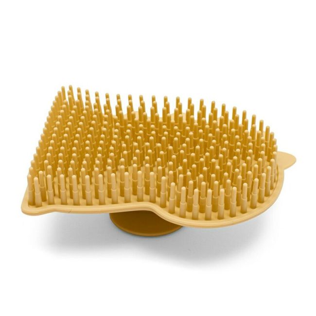 Perie de baie, New Baby, Din silicon, Cu peri moi, Maner ergonomic, Pentru pielea sensibila, 8x11 cm, 0 luni+, Dinosaur/Beige BYN56995
