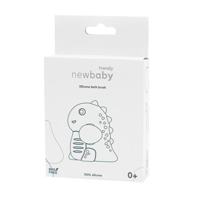 Perie de baie, New Baby, Din silicon, Cu peri moi, Maner ergonomic, Pentru pielea sensibila, 8x11 cm, 0 luni+, Dinosaur/Beige BYN56995