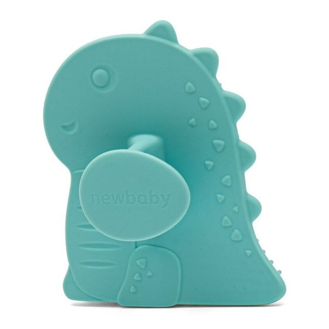 Perie de baie, New Baby, Din silicon, Cu peri moi, Maner ergonomic, Pentru pielea sensibila, 8x11 cm, 0 luni+, Dinosaur/Blue BYN56994