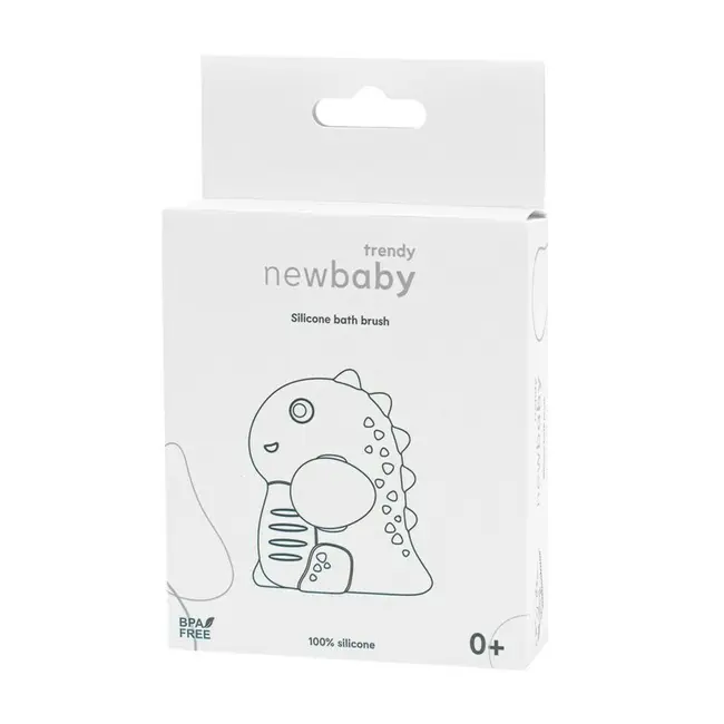 Perie de baie, New Baby, Din silicon, Cu peri moi, Maner ergonomic, Pentru pielea sensibila, 8x11 cm, 0 luni+, Dinosaur/Blue BYN56994