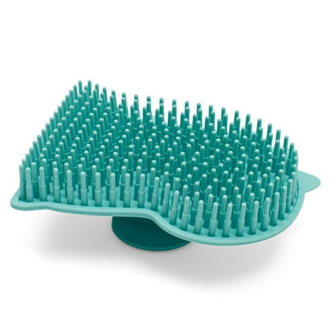 Perie de baie, New Baby, Din silicon, Cu peri moi, Maner ergonomic, Pentru pielea sensibila, 8x11 cm, 0 luni+, Dinosaur/Blue BYN56994