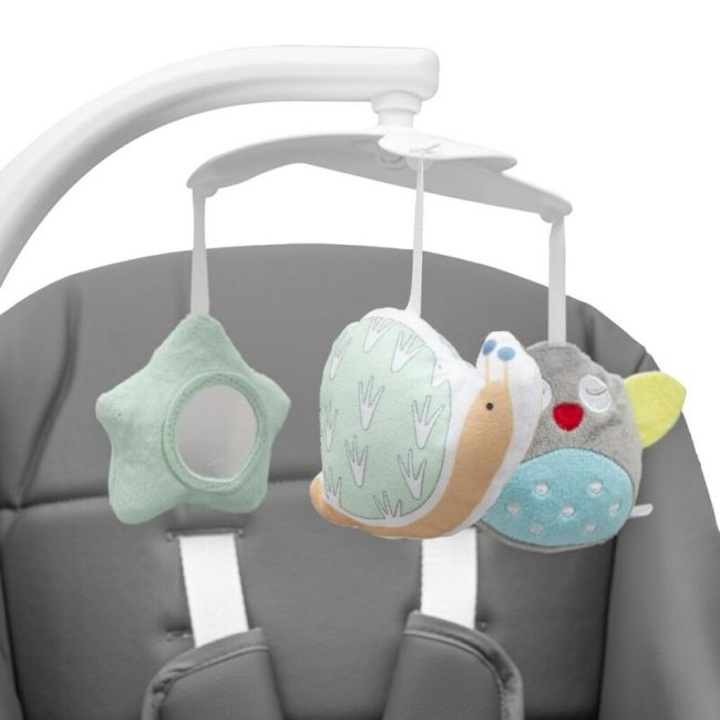 Scaun de masa 2 in 1, New Baby, Smart, Poate fi utilizat si ca leagan pentru copii, Cu telecomanda, Spatar reglabil in 4 pozitii, Cu 5 viteze de leganare, Cu melodii si jucarii, 0-36 luni, Grey BYN56307