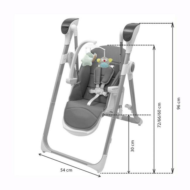 Scaun de masa 2 in 1, New Baby, Smart, Poate fi utilizat si ca leagan pentru copii, Cu telecomanda, Spatar reglabil in 4 pozitii, Cu 5 viteze de leganare, Cu melodii si jucarii, 0-36 luni, Grey BYN56307