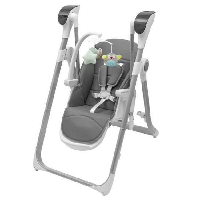 Scaun de masa 2 in 1, New Baby, Smart, Poate fi utilizat si ca leagan pentru copii, Cu telecomanda, Spatar reglabil in 4 pozitii, Cu 5 viteze de leganare, Cu melodii si jucarii, 0-36 luni, Grey BYN56307