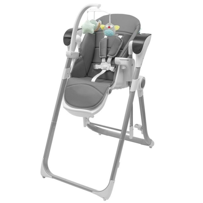 Scaun de masa 2 in 1, New Baby, Smart, Poate fi utilizat si ca leagan pentru copii, Cu telecomanda, Spatar reglabil in 4 pozitii, Cu 5 viteze de leganare, Cu melodii si jucarii, 0-36 luni, Grey BYN56307