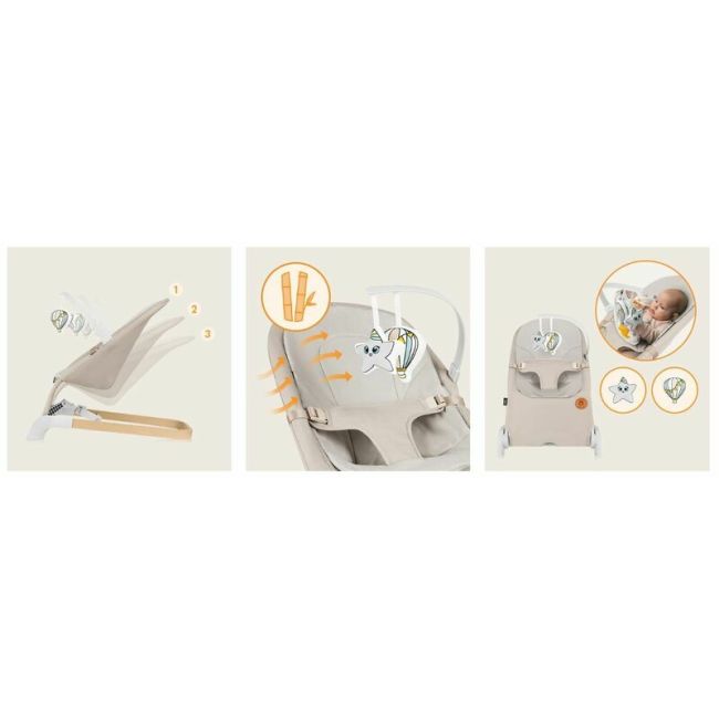 Fotoliu balansoar, Lionelo, Lilac, Cu arcada cu jucarii, Ergonomic, Reglare spatar in 3 pozitii, Pernuta moale invelita in tesatura de bambus, Pliabil, 0-6 luni, Bej BYNLO-LILAC_BEIGE_SAND