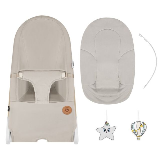 Fotoliu balansoar, Lionelo, Lilac, Cu arcada cu jucarii, Ergonomic, Reglare spatar in 3 pozitii, Pernuta moale invelita in tesatura de bambus, Pliabil, 0-6 luni, Bej BYNLO-LILAC_BEIGE_SAND