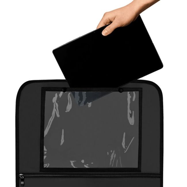 Organizator auto, Lionelo, Cu 5 buzunare de diferite dimensiuni, Cu buzunar pentru tableta, Montare cu clema, Piele ecologica, Impermeabila, Negru BYNLO-SEATORGANIZER_BLACK