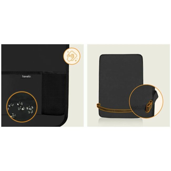 Organizator auto, Lionelo, Cu 5 buzunare de diferite dimensiuni, Cu buzunar pentru tableta, Montare cu clema, Piele ecologica, Impermeabila, Negru BYNLO-SEATORGANIZER_BLACK