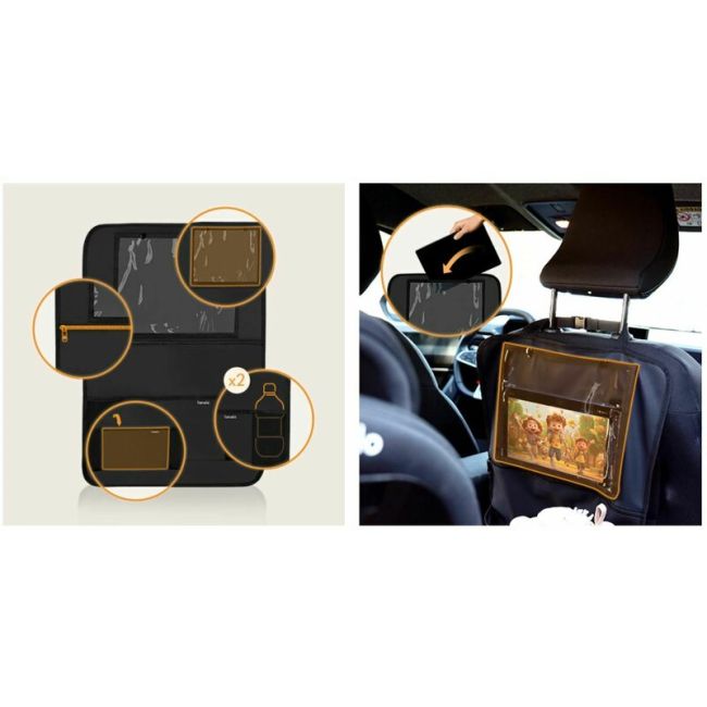 Organizator auto, Lionelo, Cu 5 buzunare de diferite dimensiuni, Cu buzunar pentru tableta, Montare cu clema, Piele ecologica, Impermeabila, Negru BYNLO-SEATORGANIZER_BLACK